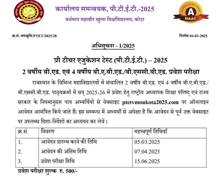 Rajasthan PTET 2025 Notification Out, Apply Online Begins Today