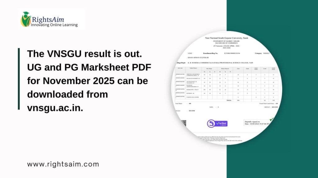 VNSGU result is out. UG and PG Marksheet PDF for November 2025